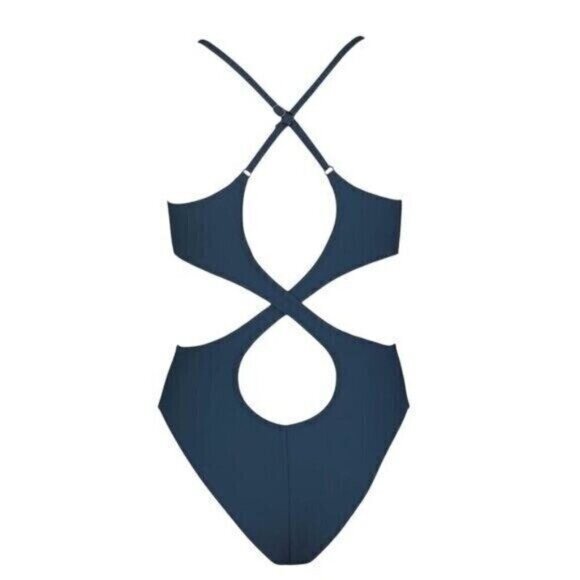 Cupshe Women One-Piece Swimsuit Medium Blue V-Neck Cutout Crossback Strappy - Picture 7 of 10